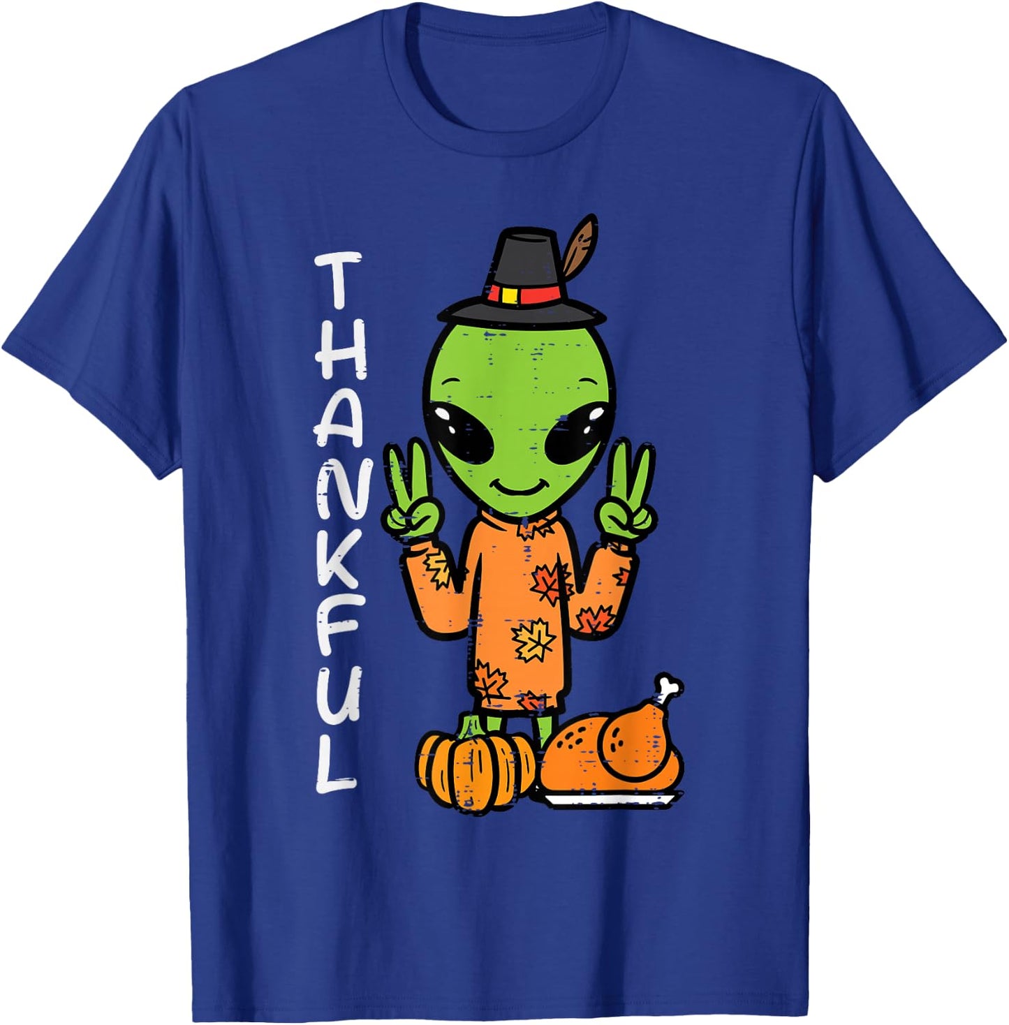 Thanksgiving Alien Peace Thankful Fall Space Kids Men Women T-Shirt - T-Shirt | Royal