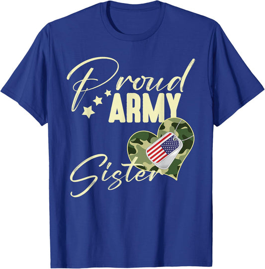Proud Army Sister Camouflage Dog Tag USA American Flag T-Shirt - T-Shirt | Royal