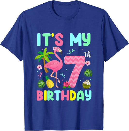 It's My 7th Birthday Flamingo Shirt Hawaii 7 Yrs Old Girl T-Shirt - T-Shirt | Royal