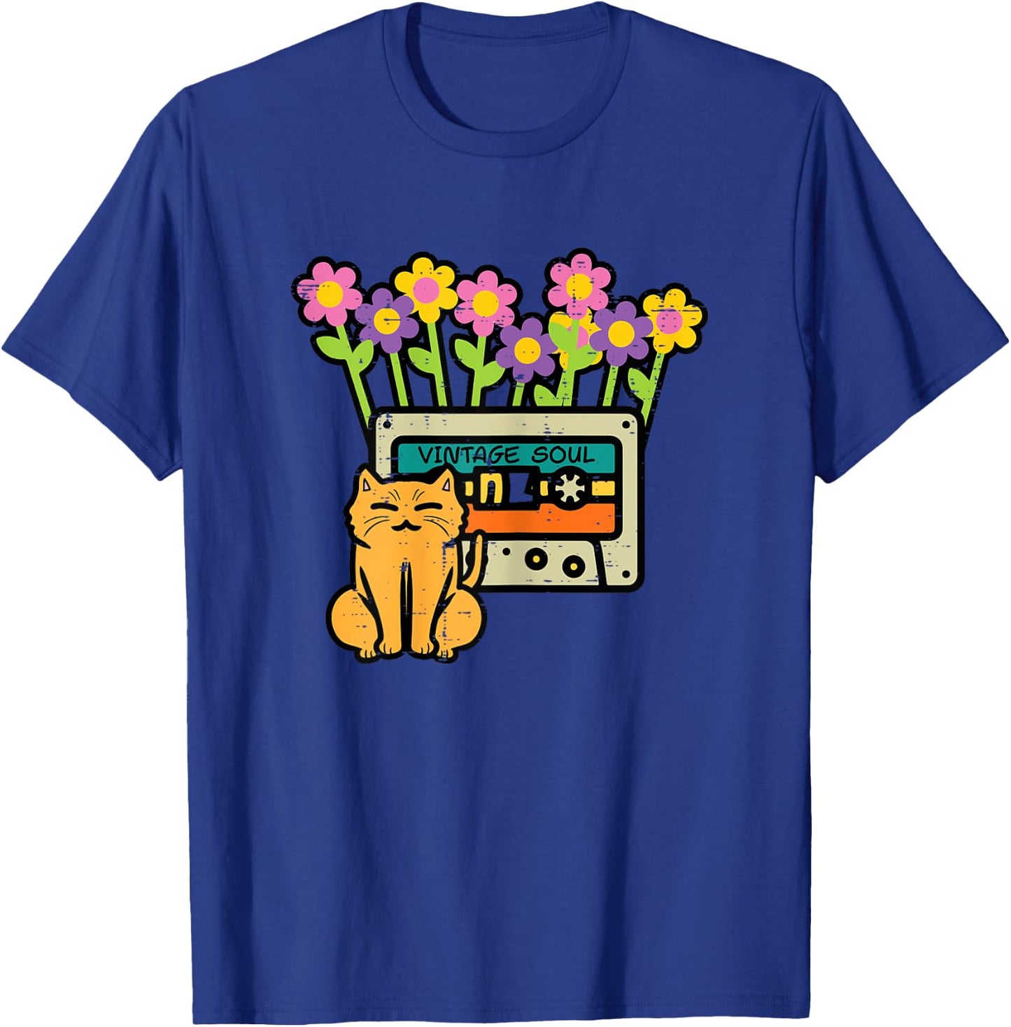 Cat Casette Tape Vintage Soul Flowers Retro Mom Women Girls T-Shirt - T-Shirt | Royal