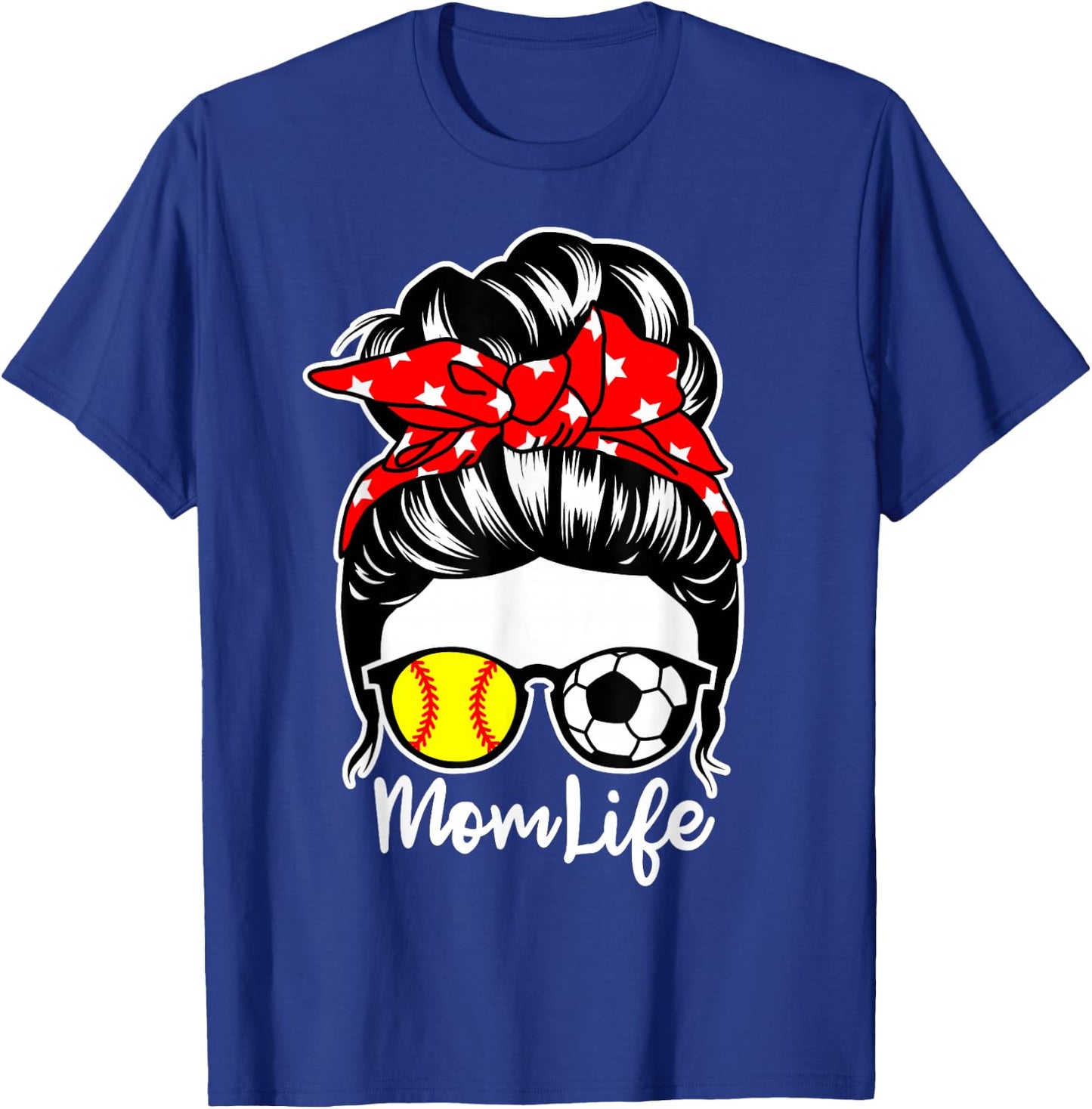 Mom Life Messy Bun Hair Soccer Softball Player Mom T-Shirt - T-Shirt | Royal