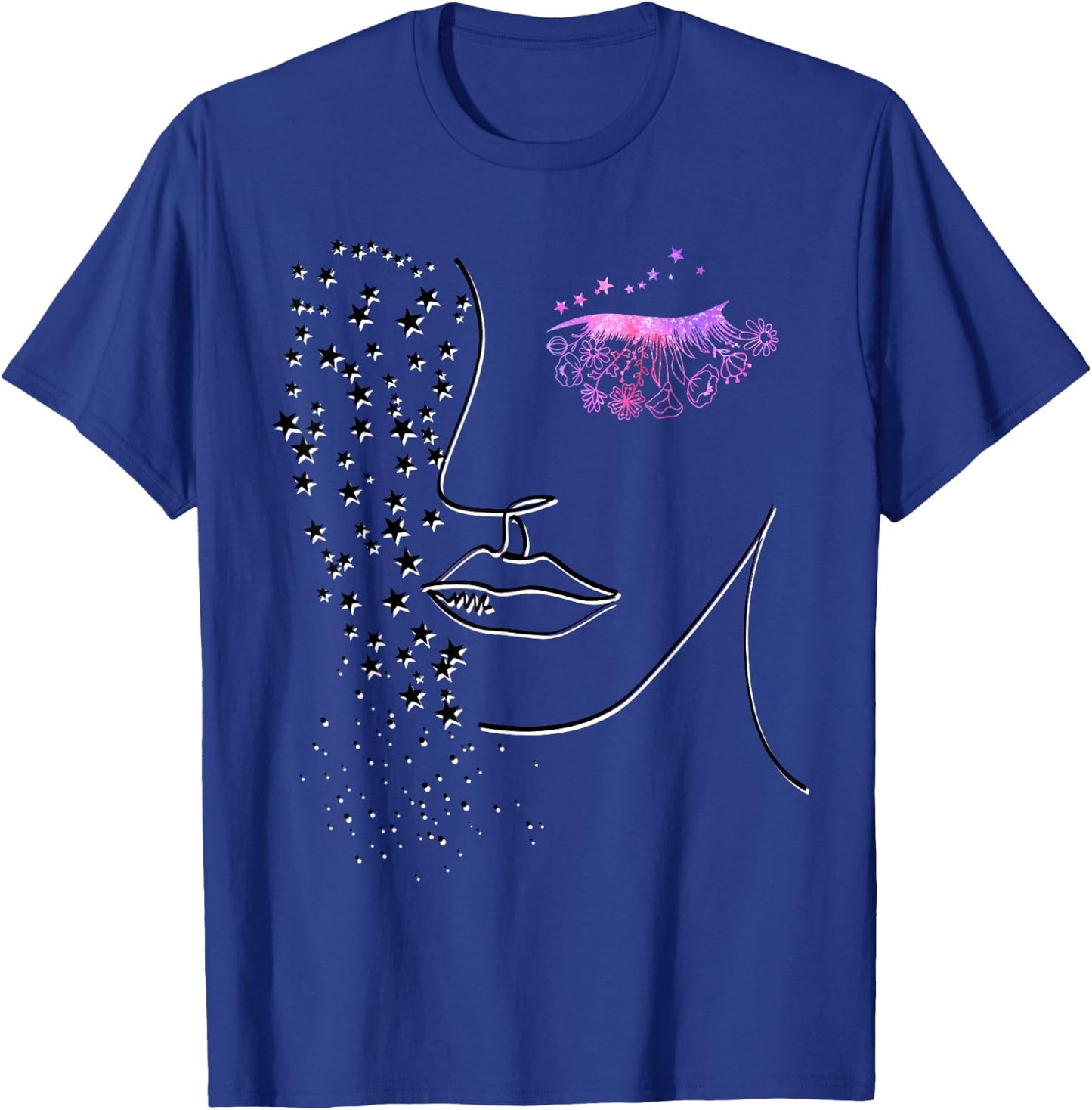 Female Minimalist Face Art - Pink Flower Eye Lashes & Stars T-Shirt - T-Shirt | Royal
