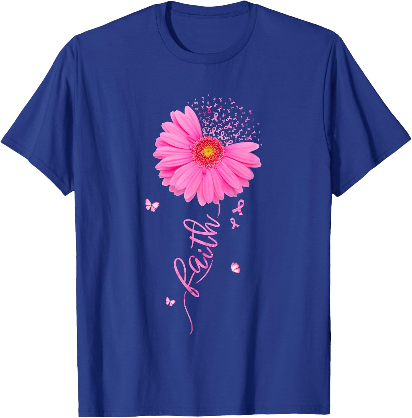 Faith Pink Ribbon Daisy Flower Breast Cancer Awareness Women T-Shirt - T-Shirt | Royal