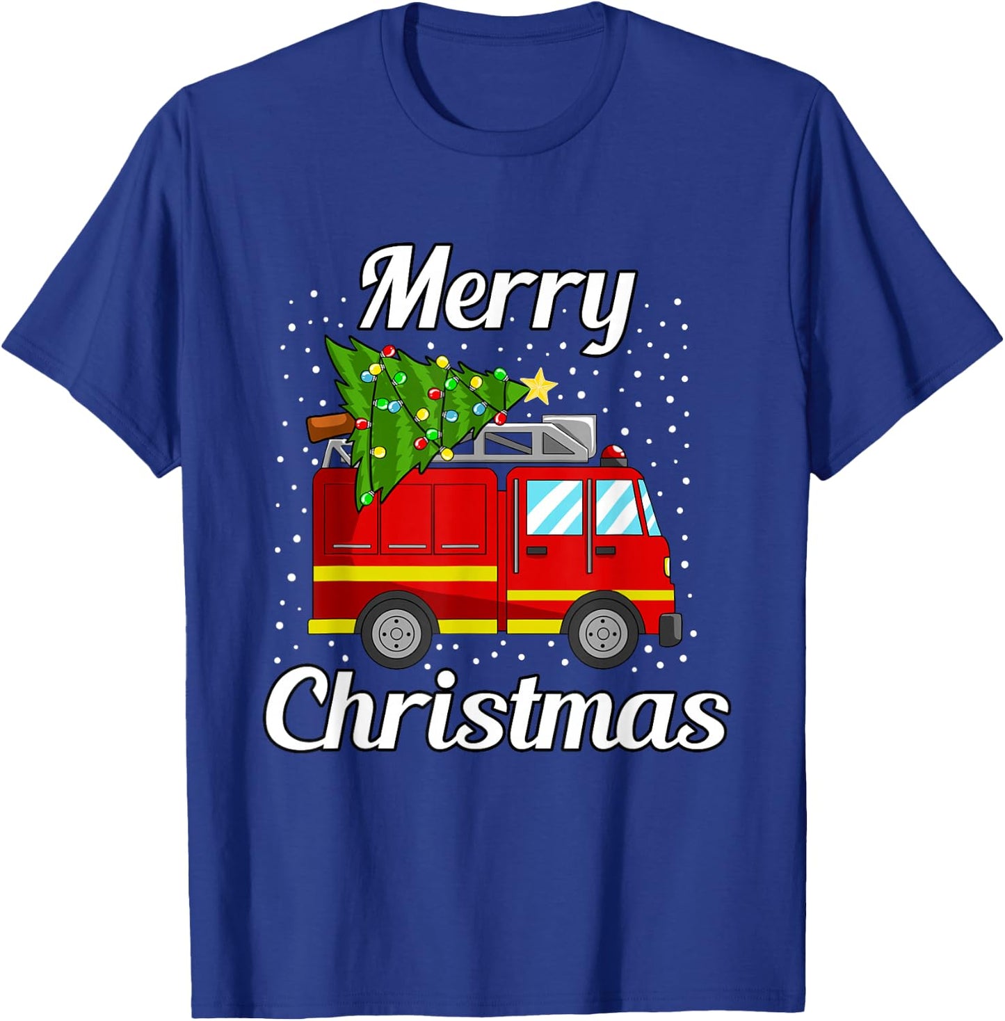 Merry Christmas Tree Firetruck Pajama Firefighter Fireman T-Shirt - T-Shirt | Royal