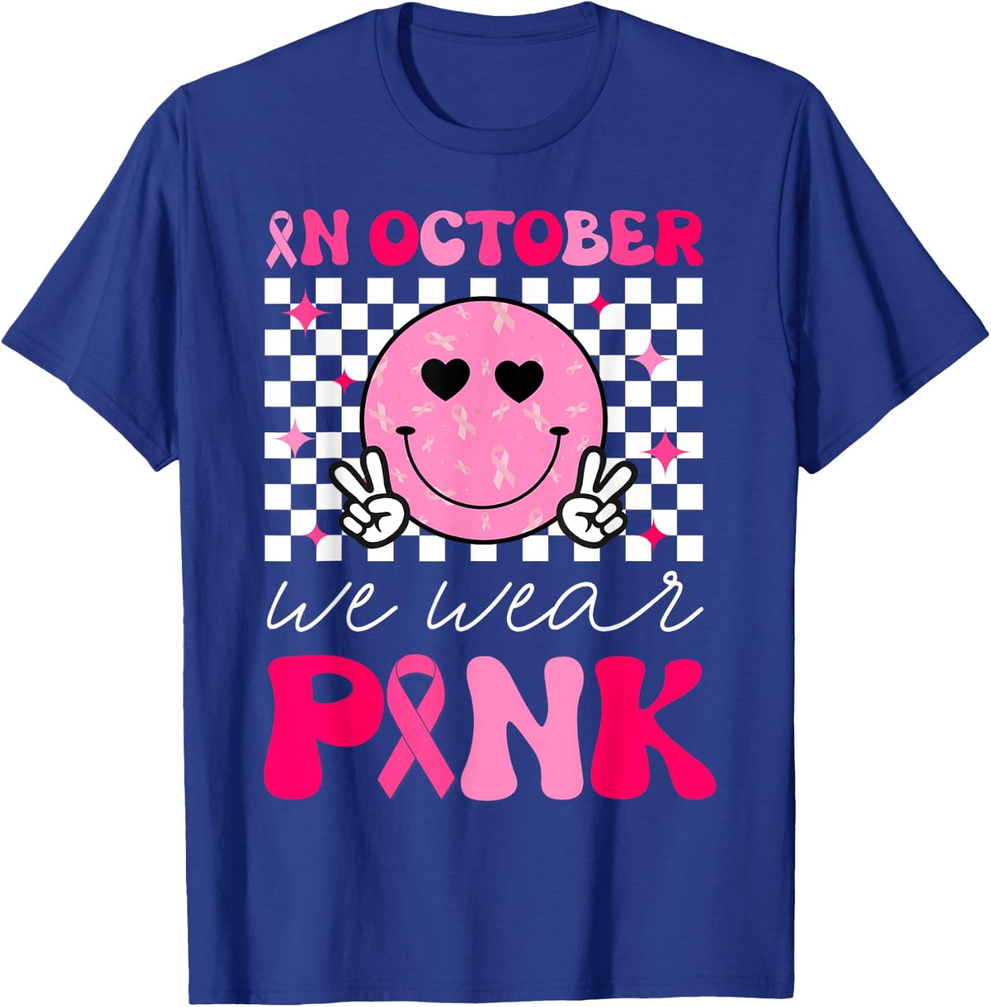 Groovy Breast Cancer Awareness In October We Wear Pink T-Shirt - T-Shirt | Royal