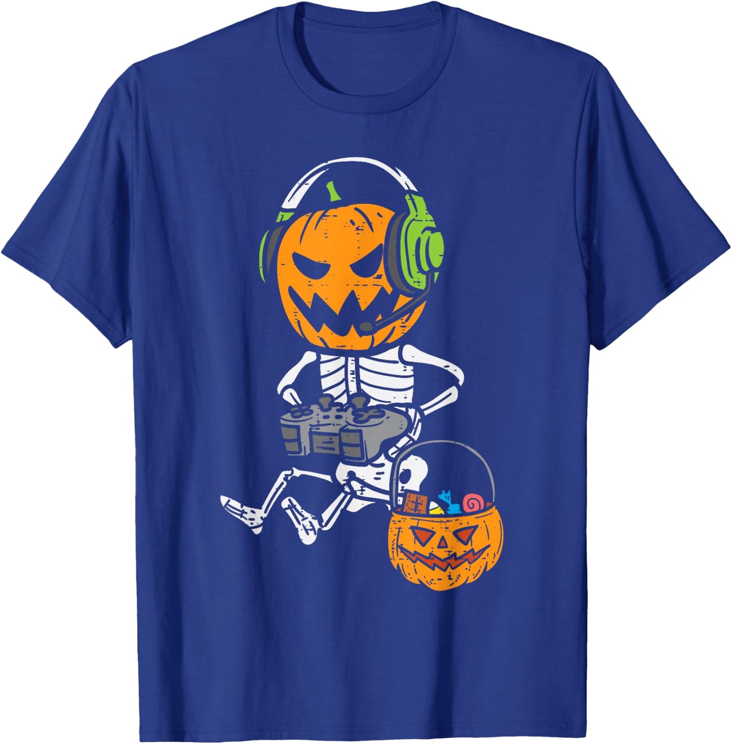 Gamer Pumpkin Skeleton Funny Halloween Gaming Boys Men Kids T-Shirt - T-Shirt | Royal