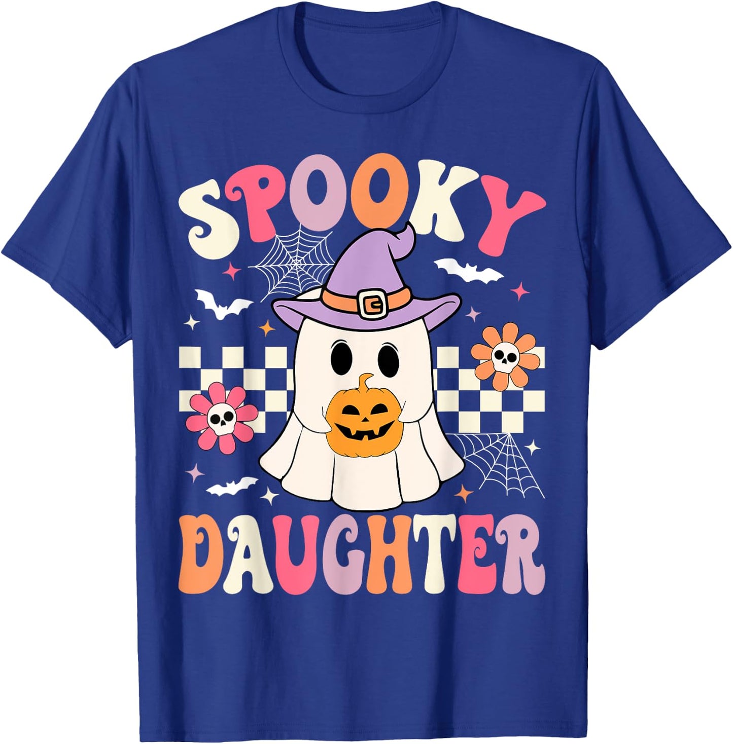 Groovy Spooky Daughter Retro Ghost Holding Pumpkin Halloween T-Shirt - T-Shirt | Royal