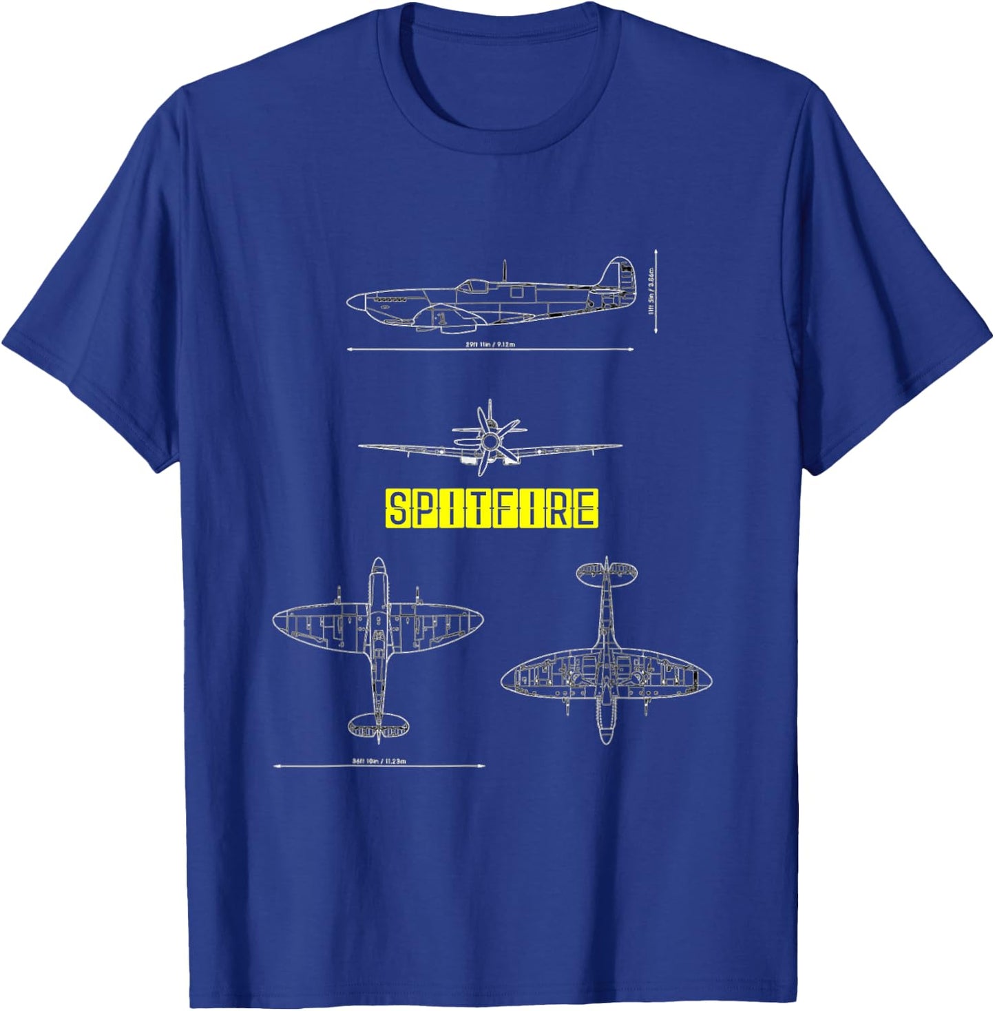 Spitfire Iconic British Airplane Blueprint Design T-Shirt - T-Shirt | Royal