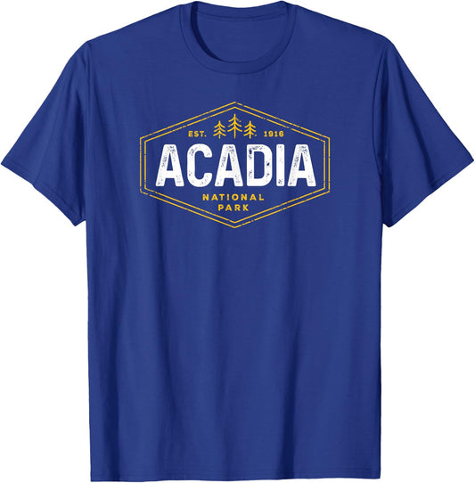 Acadia National Park Shirt Vintage Tree Hexagon Badge Hiking T-Shirt - T-Shirt | Royal