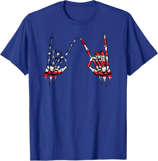 Patriotic USA Flag Skeleton Rock On Devil Horns 4th of July T-Shirt - T-Shirt | Royal