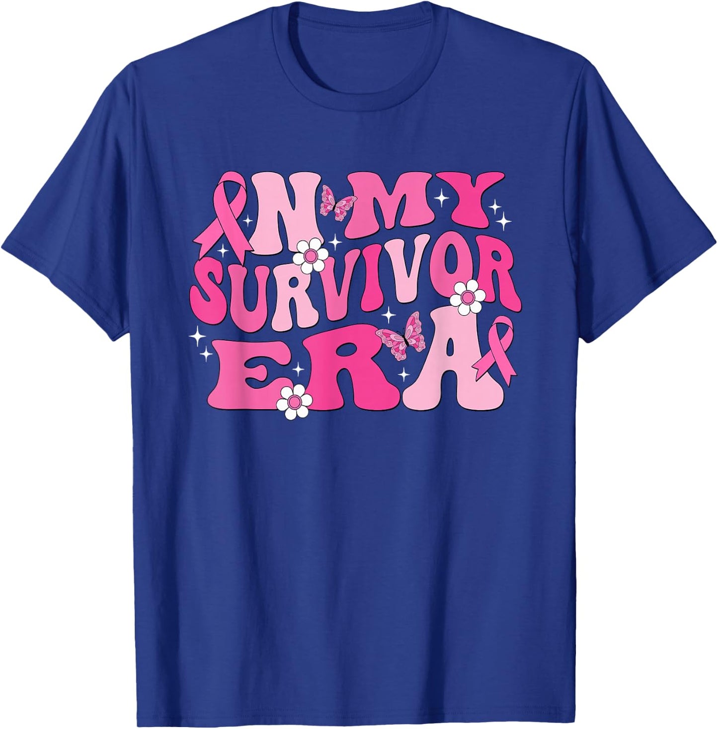 Groovy In My Survivor Era Pink Ribbon Breast Cancer T-Shirt - T-Shirt | Royal
