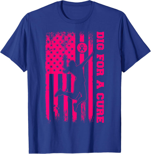 Dig For A Cure Breast Cancer Volleyball Pink American Flag Girls Kids Men T-Shirt - T-Shirt | Royal