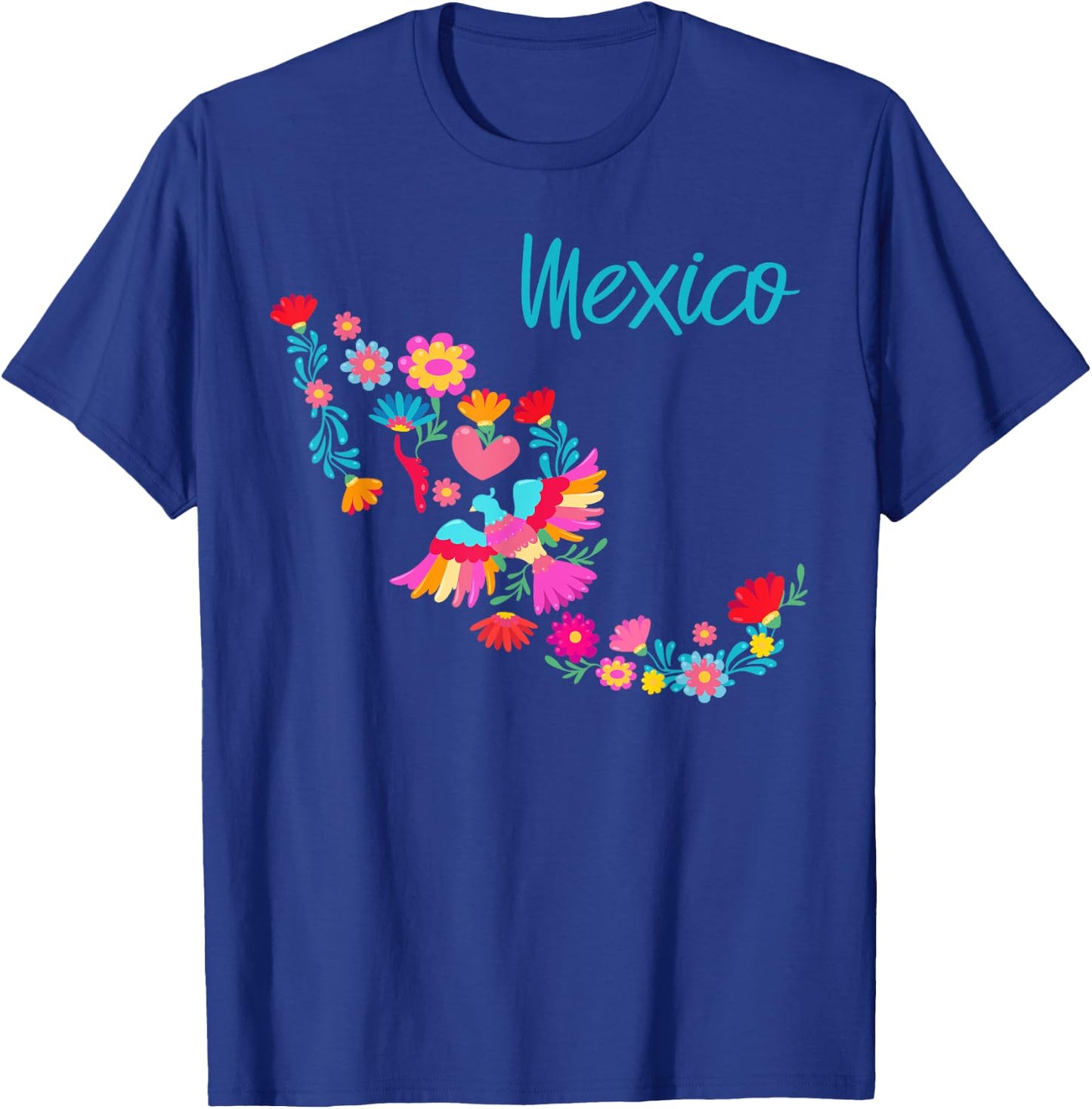 Mexico Map Floral Otomi Mexican Flowers Art Colourful Bright T-Shirt - T-Shirt | Royal
