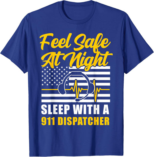 911 Dispatcher Thin Gold Yellow Line American Flag Feel Safe T-Shirt - T-Shirt | Royal