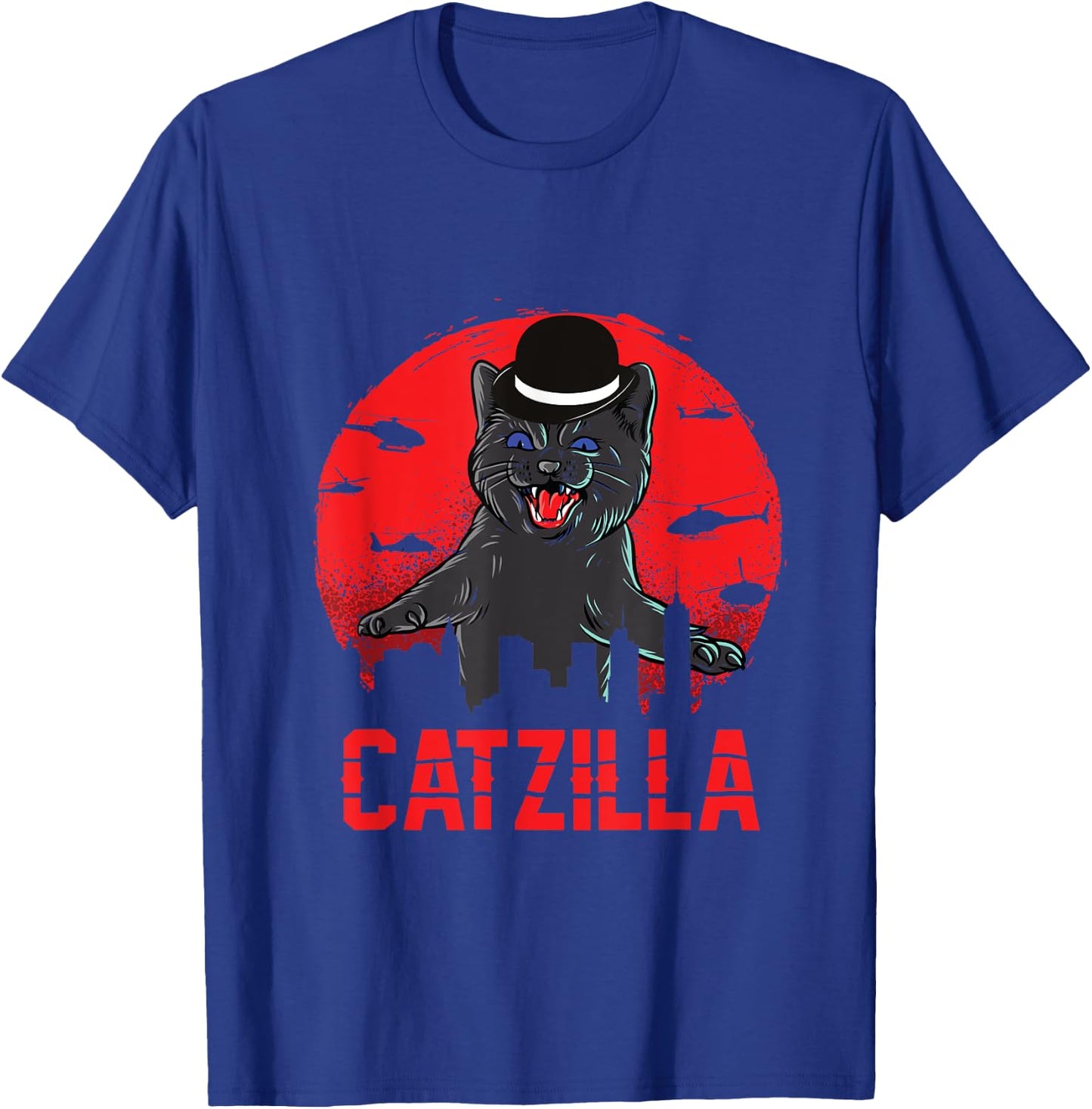 Catzilla with Bowler Hat Funny Cat and Kitten Lover Men Women Kids T-Shirt - T-Shirt | Royal