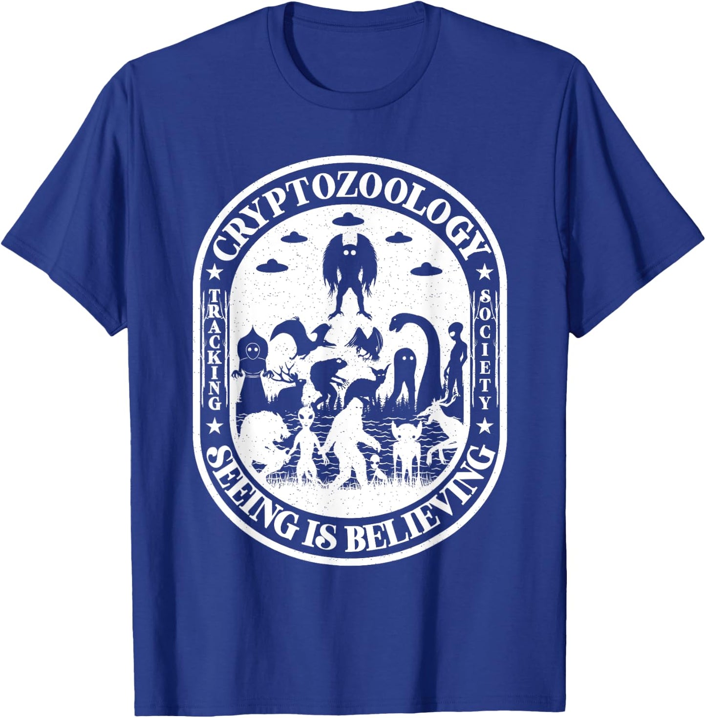 Bigfoot Nessie Mothman And Aliens Cryptid Team Cryptozoology T-Shirt - T-Shirt | Royal