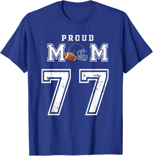 Custom Proud Football Mom Number 77 Personalized T-Shirt - T-Shirt | Royal