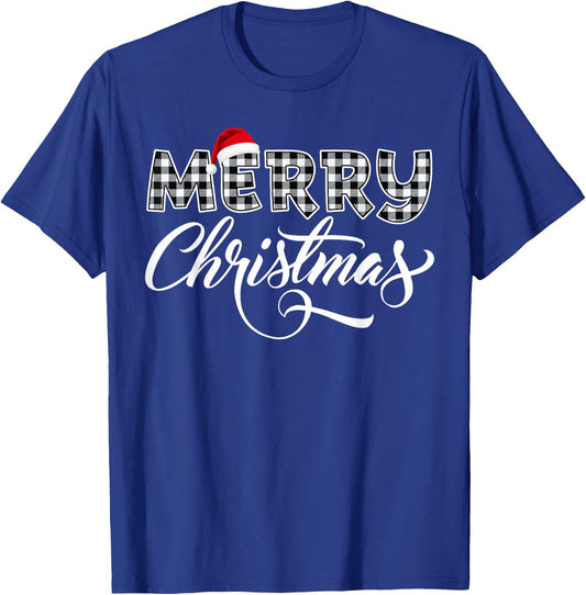 Merry Christmas Buffalo Black and White Plaid Women T-Shirt - T-Shirt | Royal