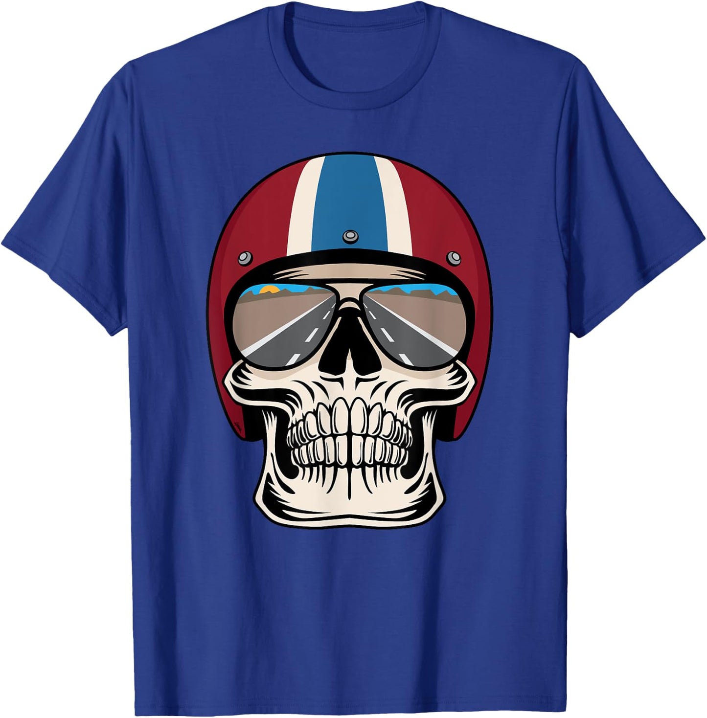 Retro Skull wearing Motorcycle Helmet and Sunglasses Design T-Shirt - T-Shirt | Royal