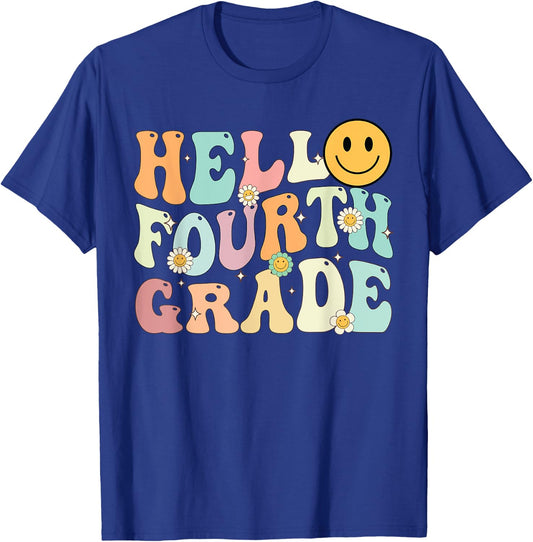 Groovy Hello 4th Fourth Grade Back To School Teacher Student T-Shirt - T-Shirt | Royal