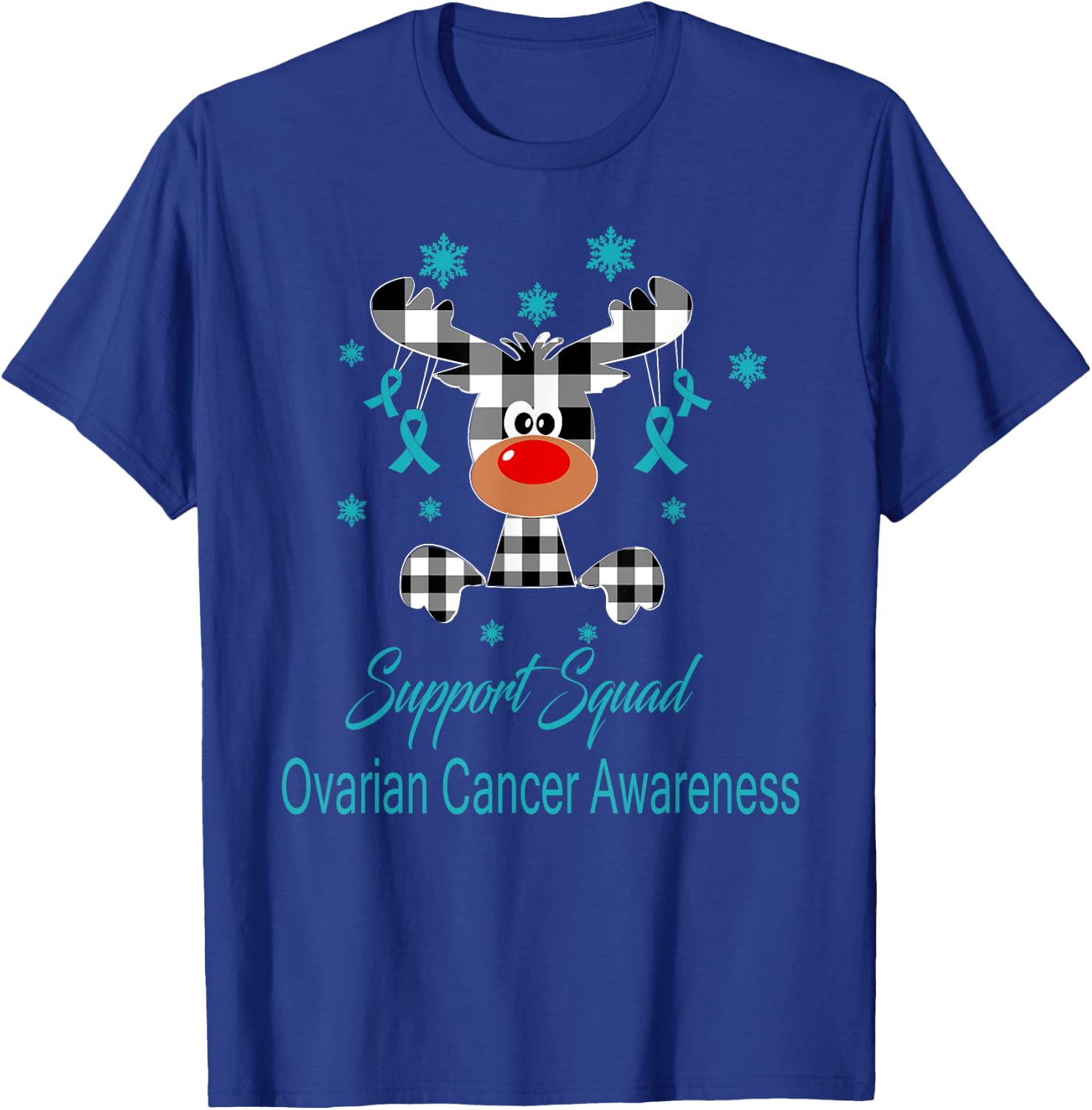 Ovarian Cancer Awareness Christmas Reindeer Teal Ribbon T-Shirt - T-Shirt | Royal
