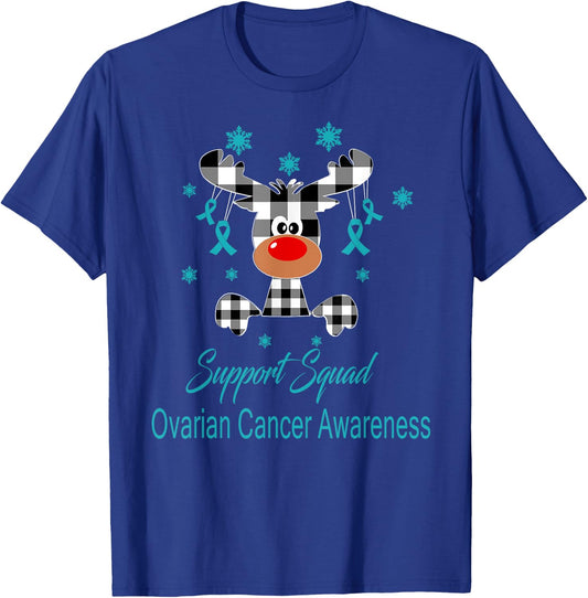 Ovarian Cancer Awareness Christmas Reindeer Teal Ribbon T-Shirt - T-Shirt | Royal