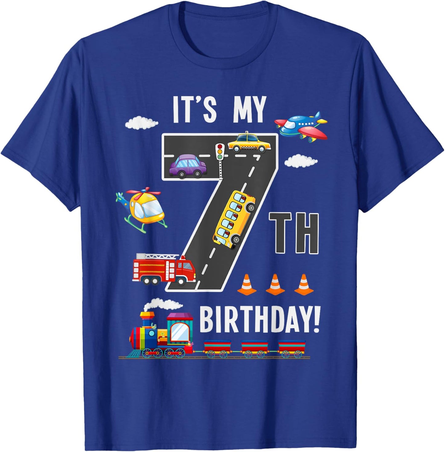 Its My 7th Birthday Boy 7 Bday Train Car Fire Truck Airplane T-Shirt - T-Shirt | Royal