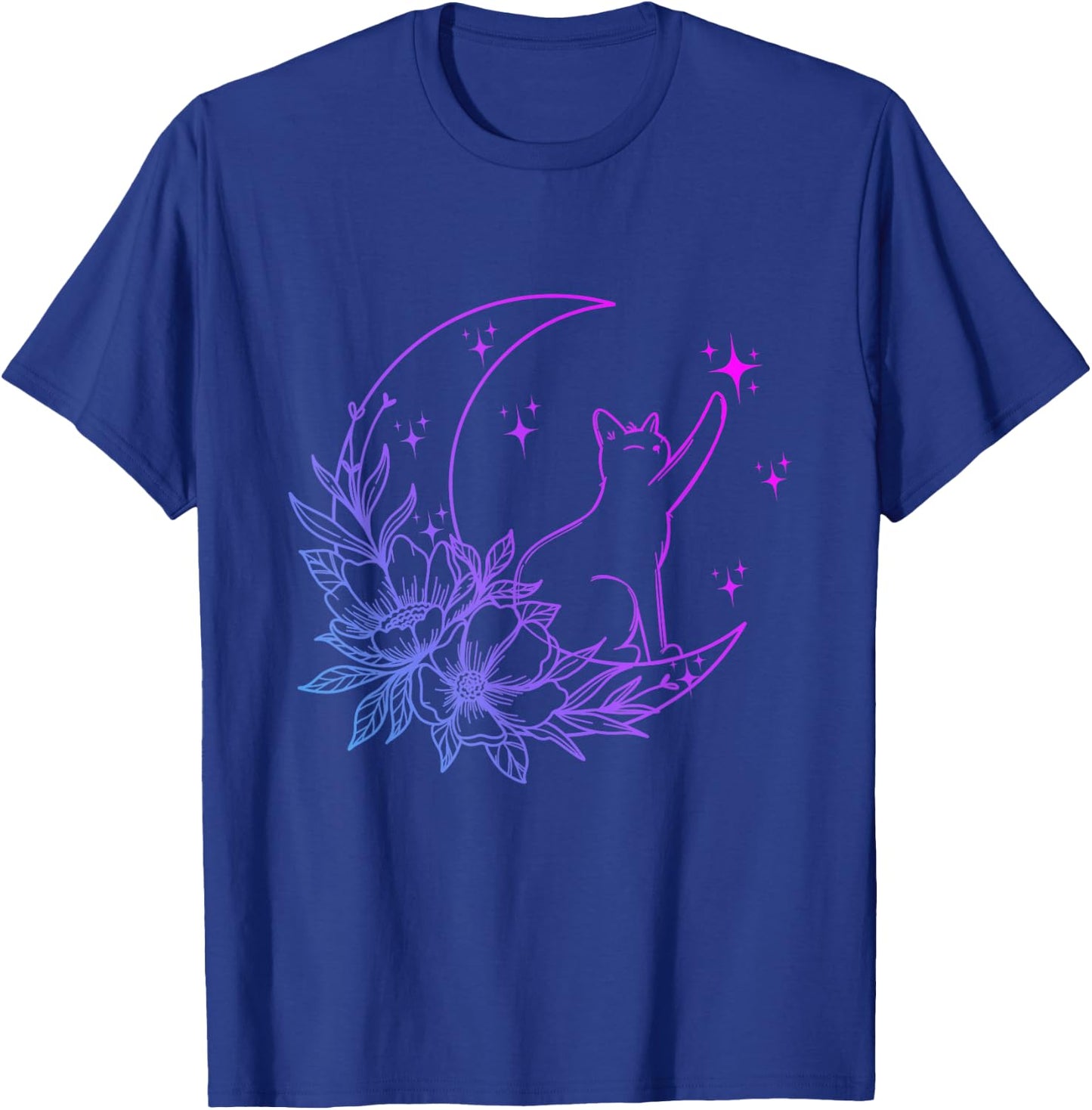 Cat Sitting On Crescent Moon Flowers Stars Women Girls Kids T-Shirt - T-Shirt | Royal