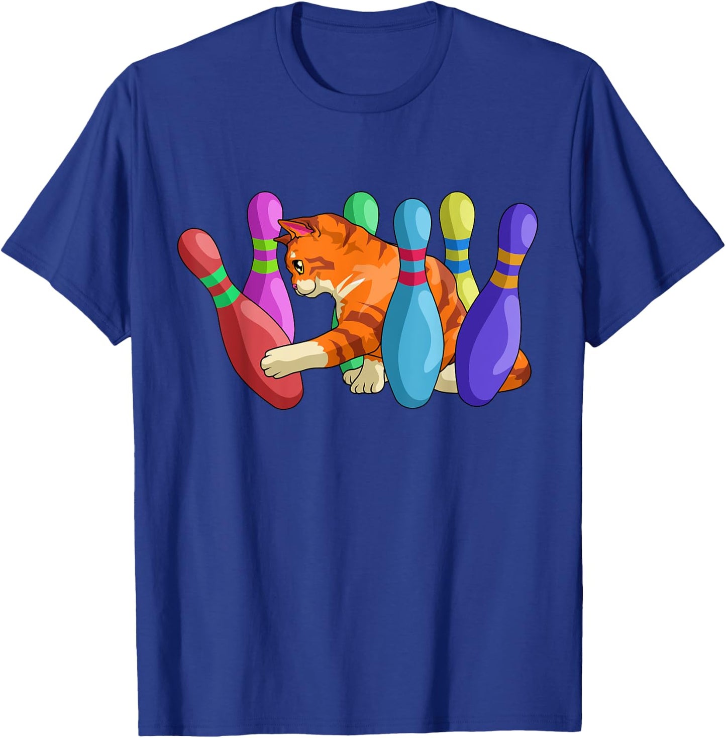 Cute Cat Knocking Over Bowling Pins Kitty Bowlers Cat Lovers Men Women Girls Kids T-Shirt - T-Shirt | Royal