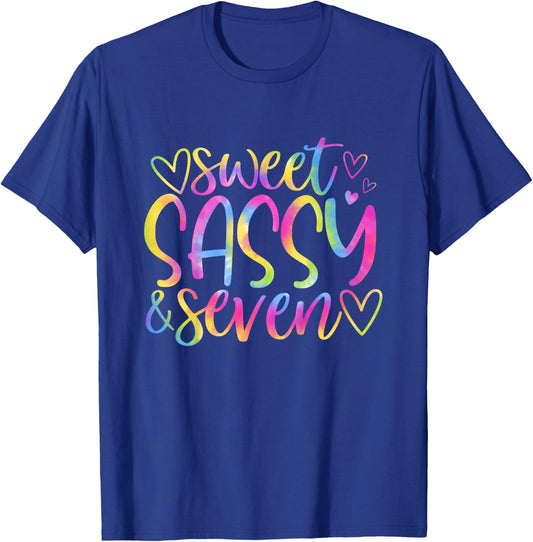 7th Birthday Sweet Sassy and Seven Girls 7 Years Old Tie Dye T-Shirt - T-Shirt | Royal