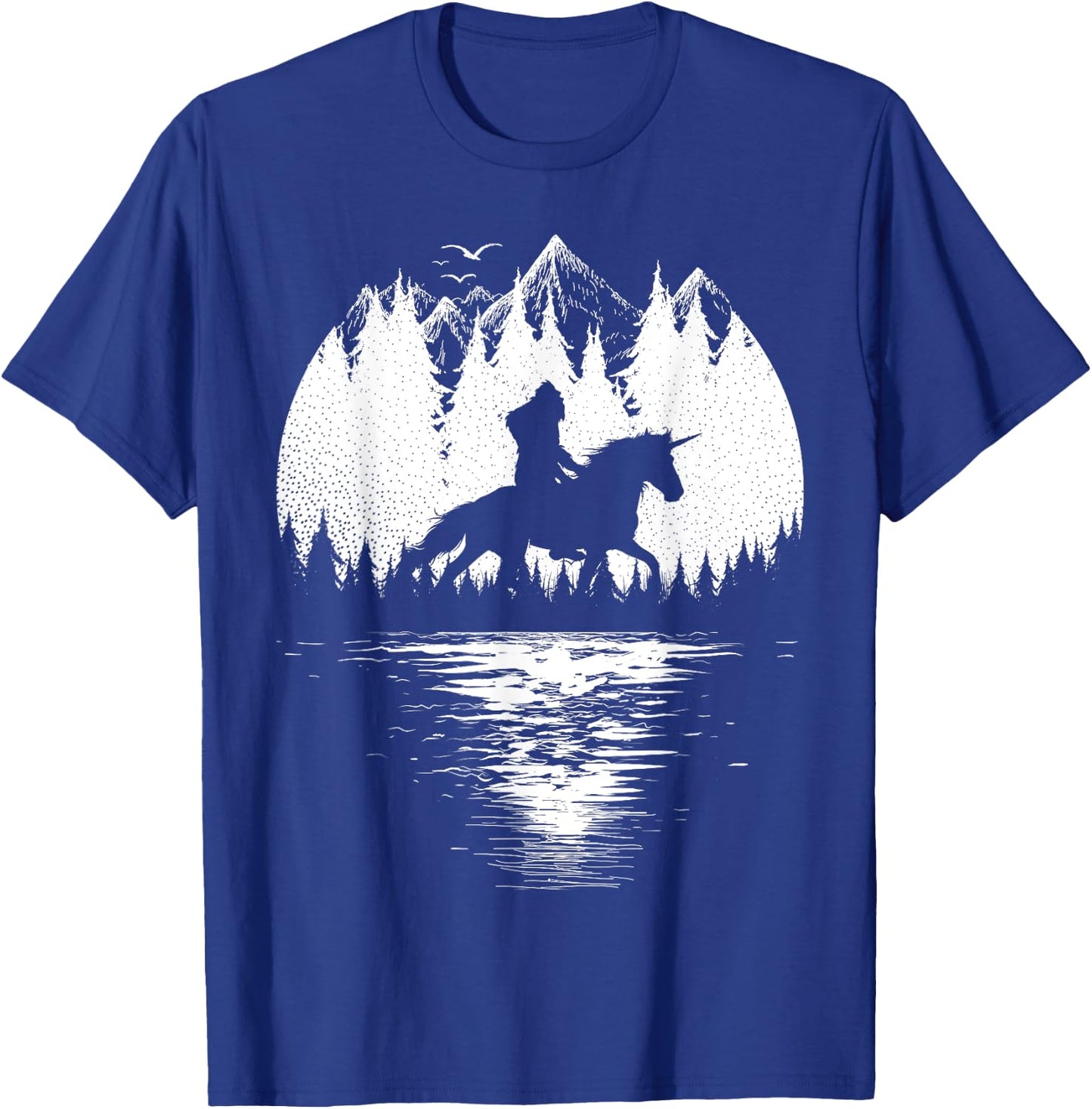 Bigfoot Riding Unicorn amidst Trees! Funny Sasquatch Unicorn T-Shirt - T-Shirt | Royal