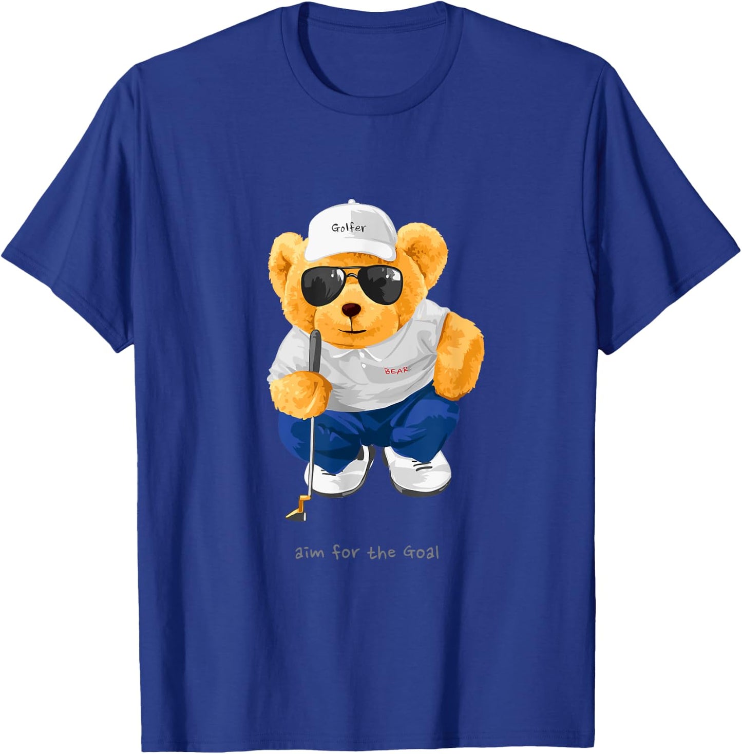 Cool Wild Teddy Bear Playing Golf Style Illustration Graphic T-Shirt - T-Shirt | Royal