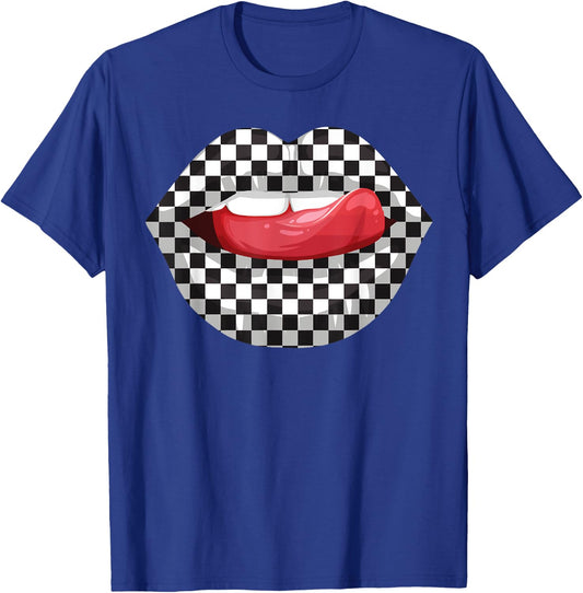 Cute Checkered Art Women Checkerboard Checkered Lips T-Shirt - T-Shirt | Royal
