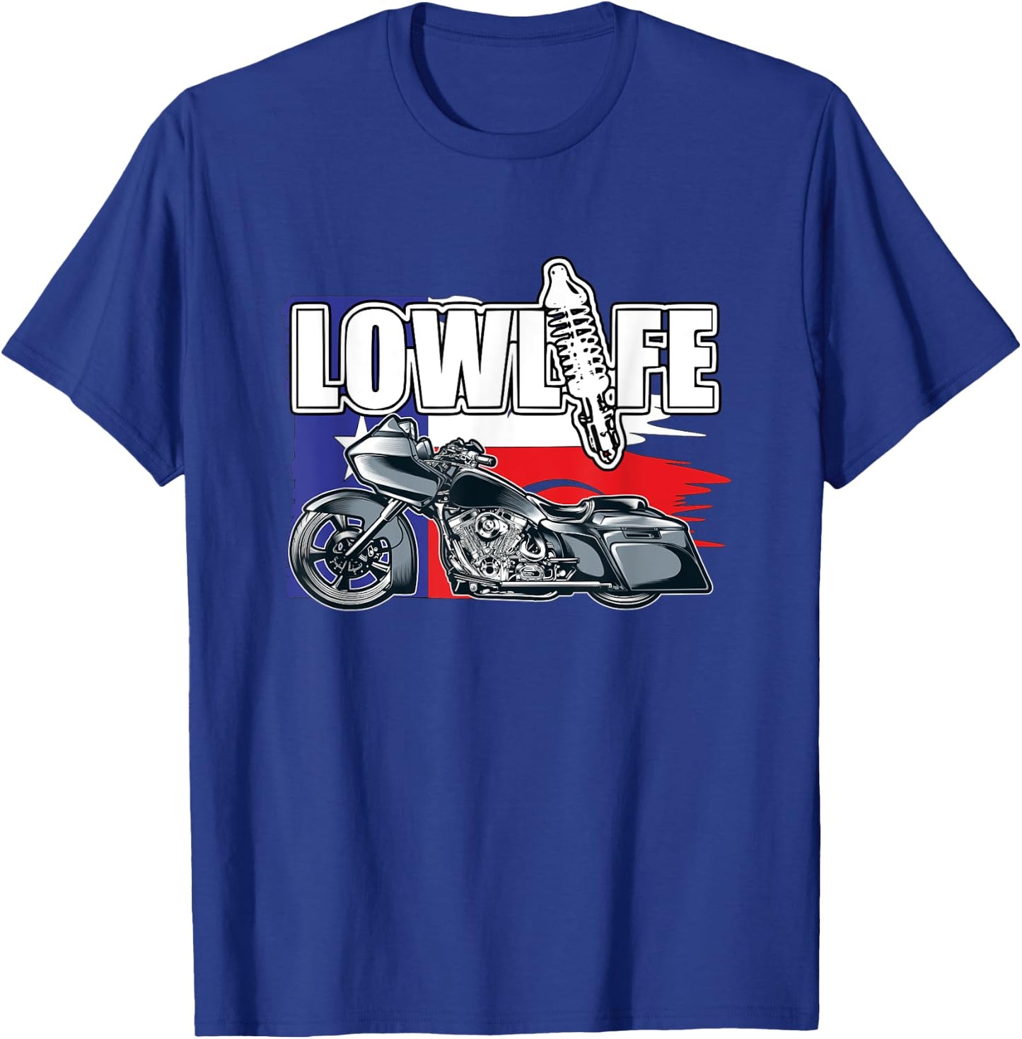 Chicano Vicla. Bagger Motorcycle, Texas Flag, Lowrider Bikes T-Shirt - T-Shirt | Royal