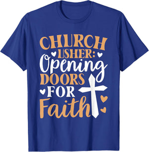 Church Usher Opening Doors For Faith Cross Catholicism T-Shirt - T-Shirt | Royal