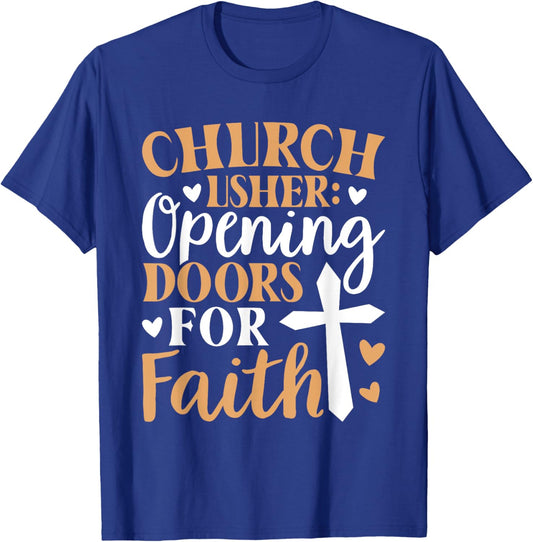 Church Usher Opening Doors For Faith Cross Catholicism T-Shirt - T-Shirt | Royal