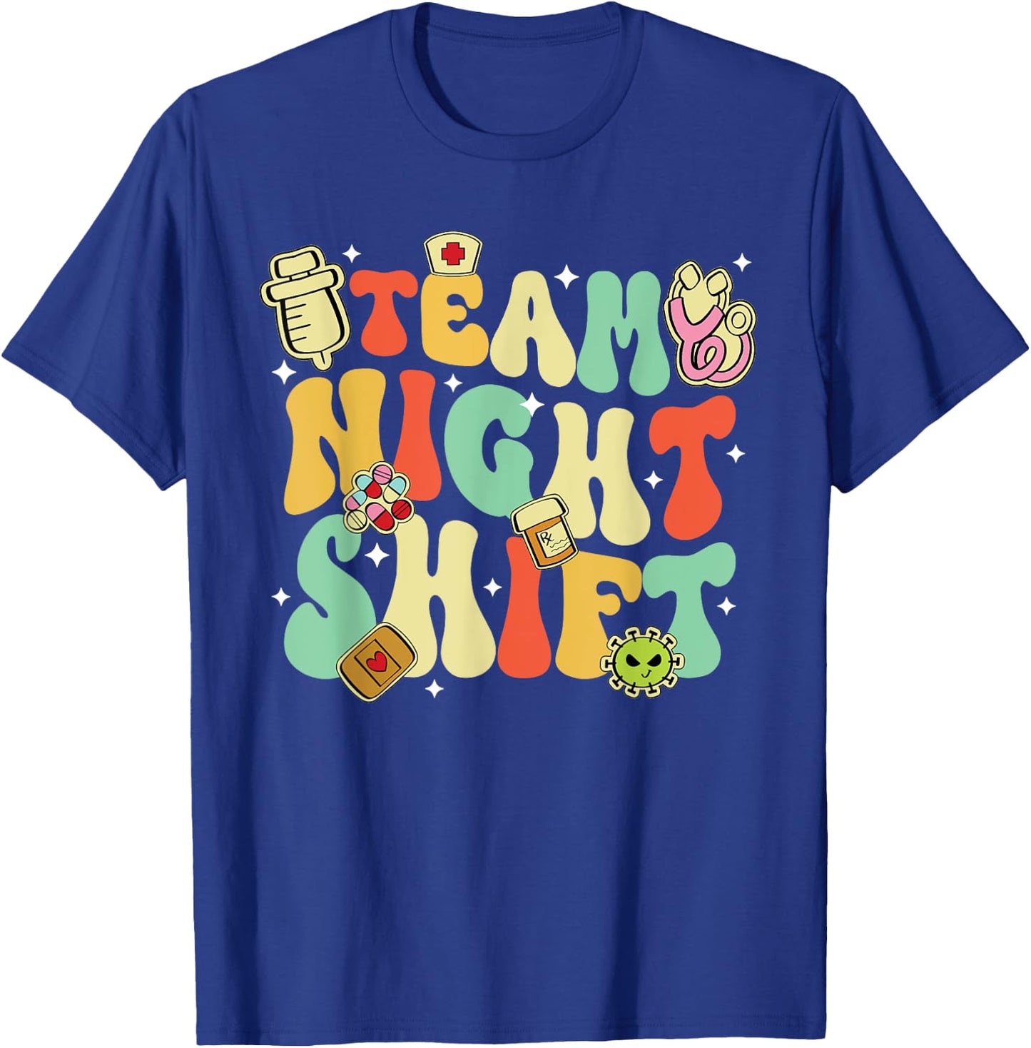 Team Night Shift Nurse Life RN LPN CNA Healthcare Heartbeat T-Shirt - T-Shirt | Royal