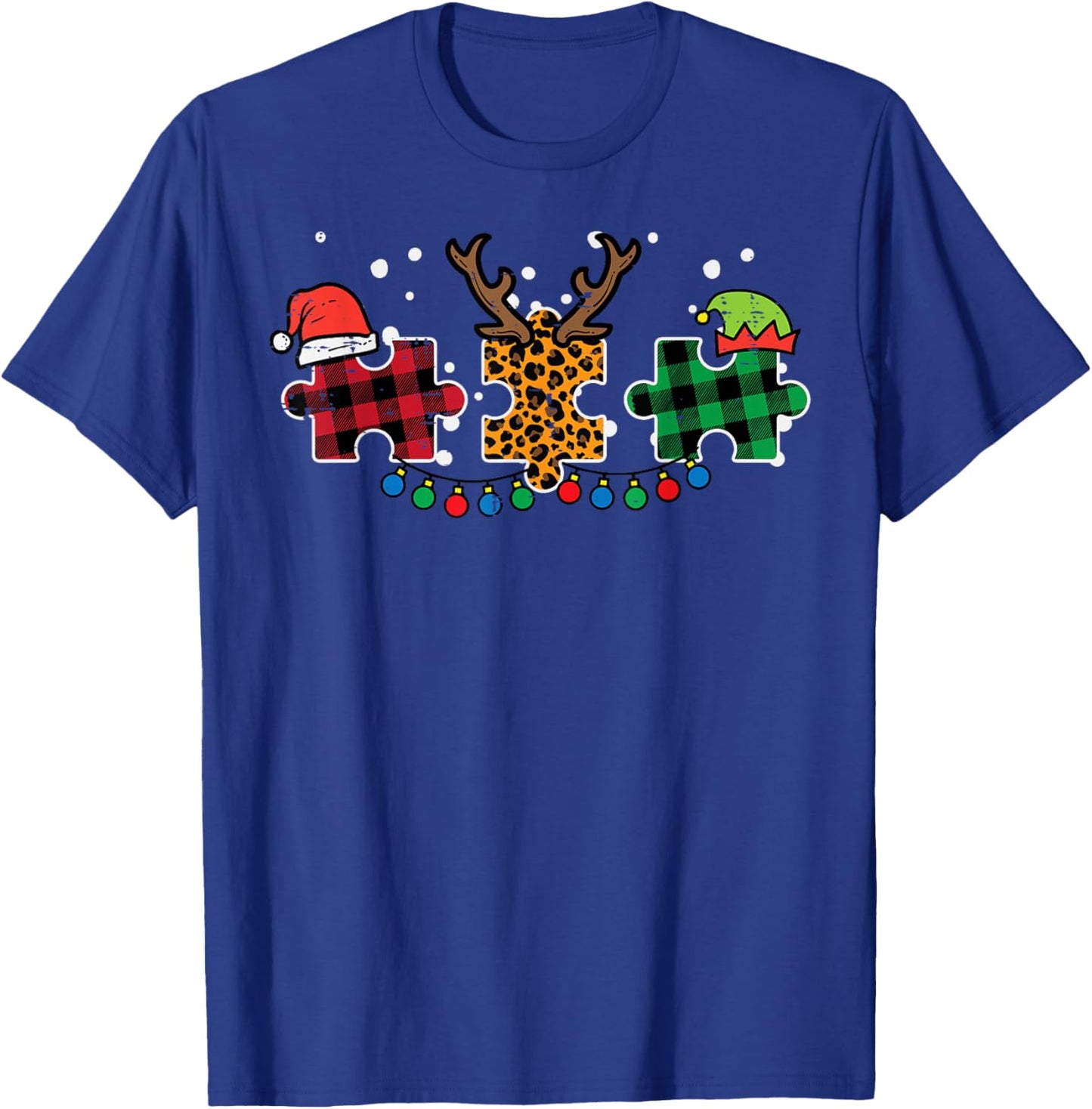 Christmas Leopard Plaid Puzzle Autism Xmas Men Women Kids T-Shirt - T-Shirt | Royal
