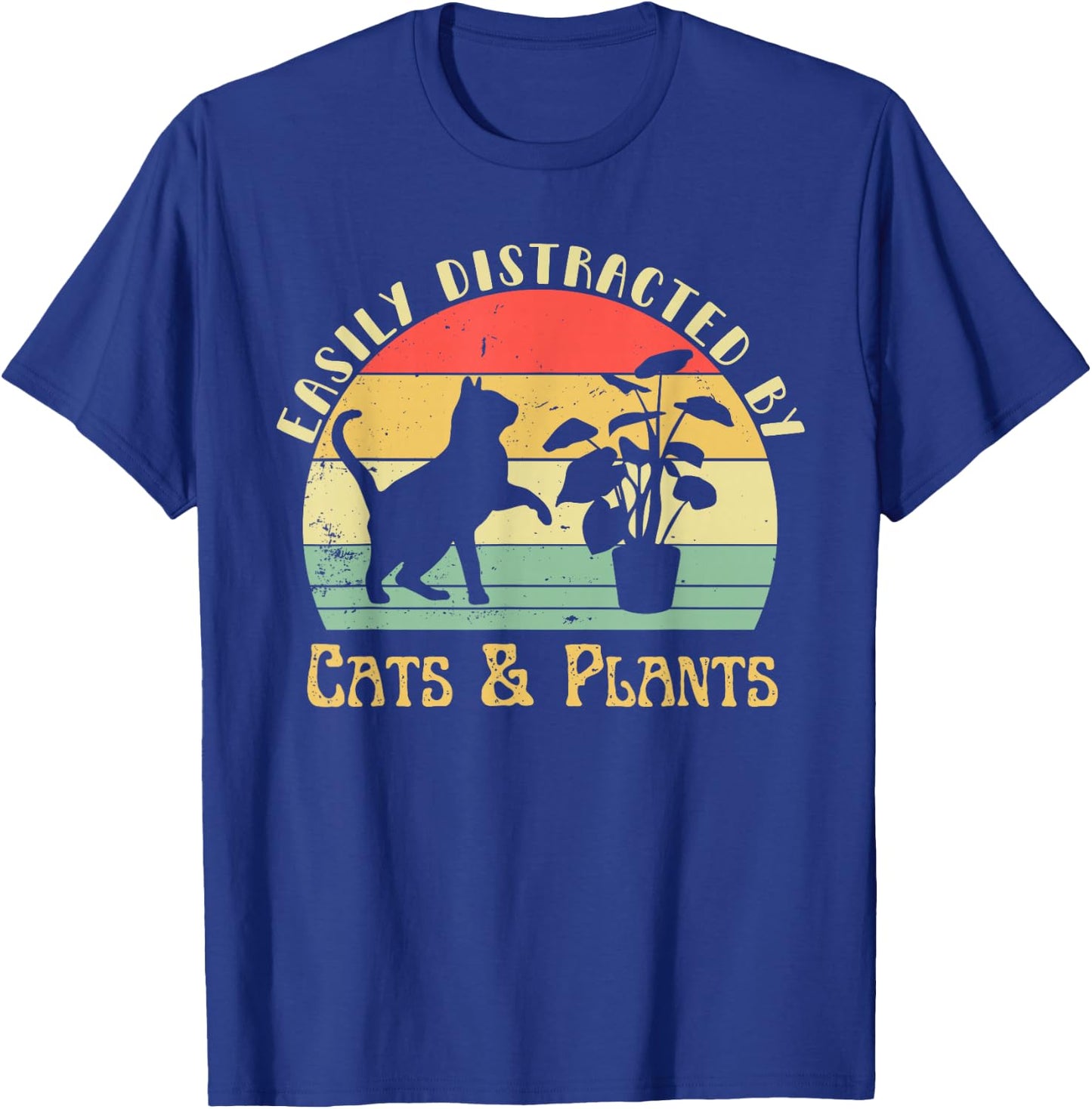 Retro Pet Cat Plant Lover Easily Distracted by Plants & Cats T-Shirt - T-Shirt | Royal