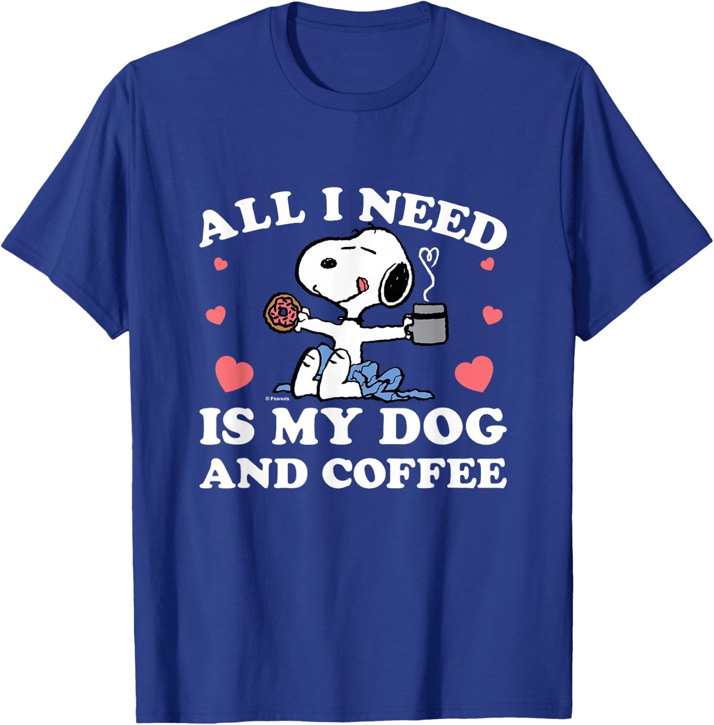 Peanuts - Snoopy All I Need My Dog And Coffee Hearts T-Shirt - T-Shirt | Royal