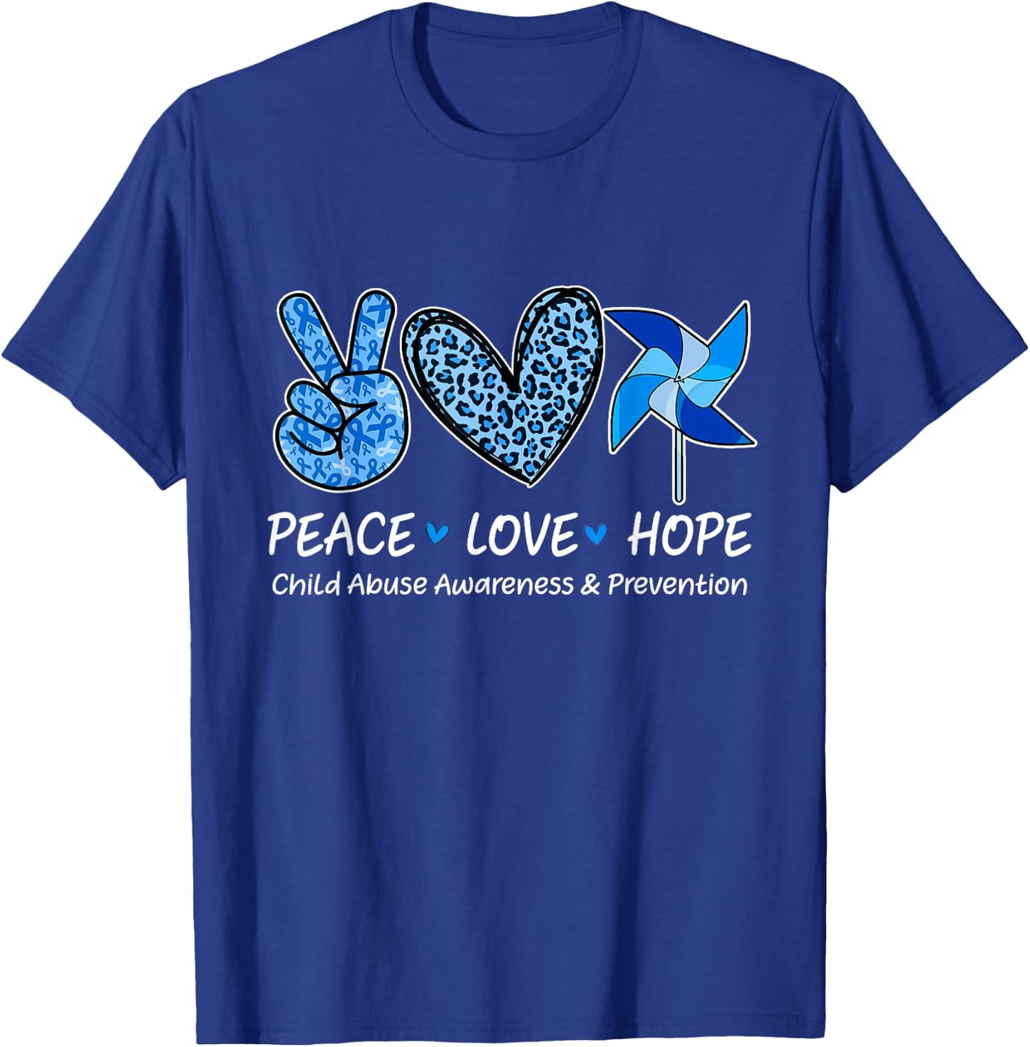 Peace Hope Love Child Abuse Awareness Pinwheel T-Shirt - T-Shirt | Royal
