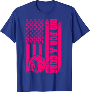 Dig For A Cure Breast Cancer Volleyball Pink American Flag T-Shirt - T-Shirt | Royal