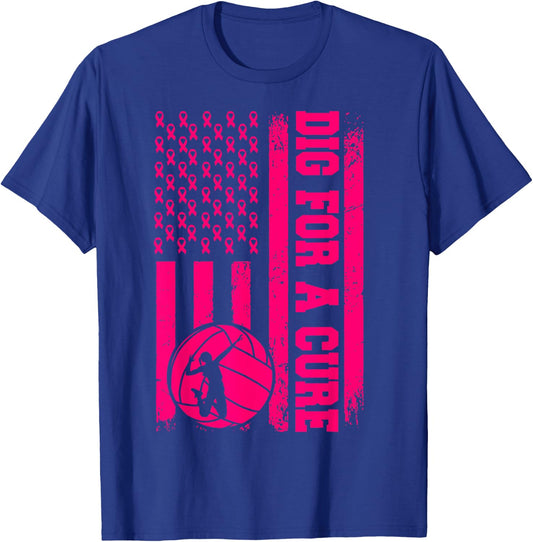 Dig For A Cure Breast Cancer Volleyball Pink American Flag T-Shirt - T-Shirt | Royal