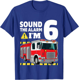 Kids 6th Birthday Boy Fire Truck 6 Six Year Old Firefighter T-Shirt - T-Shirt | Royal