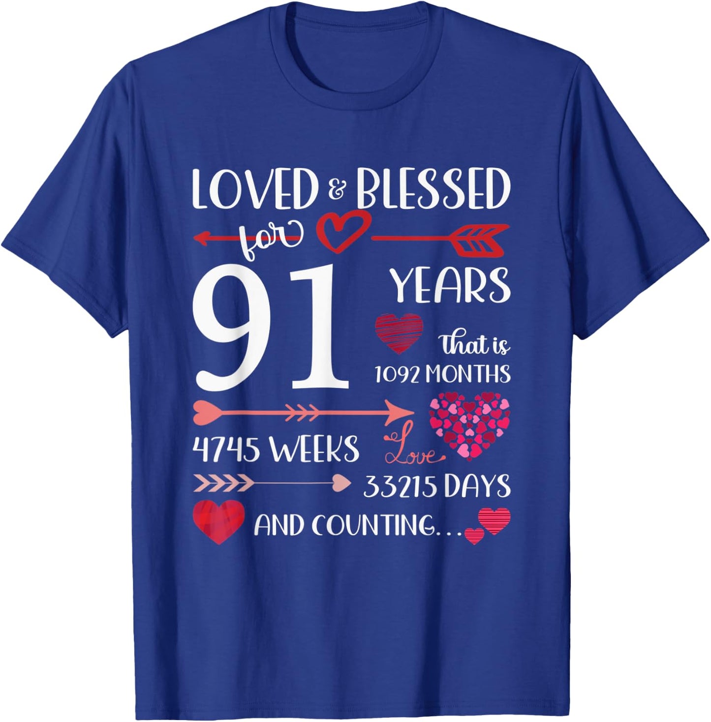 Loved And Blessed For 91 Years Old 91st Birthday Mothers Day T-Shirt - T-Shirt | Royal