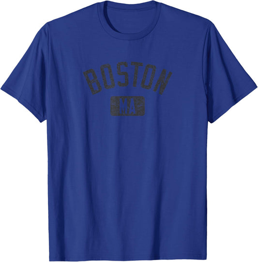 Boston MA Arched Text Distressed Black Print T-Shirt - T-Shirt | Royal