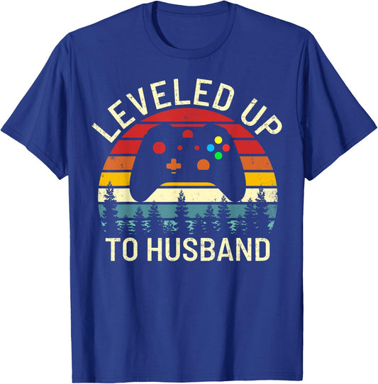Vintage Leveled Up to Husband Newly Married Funny Video Game T-Shirt - T-Shirt | Royal
