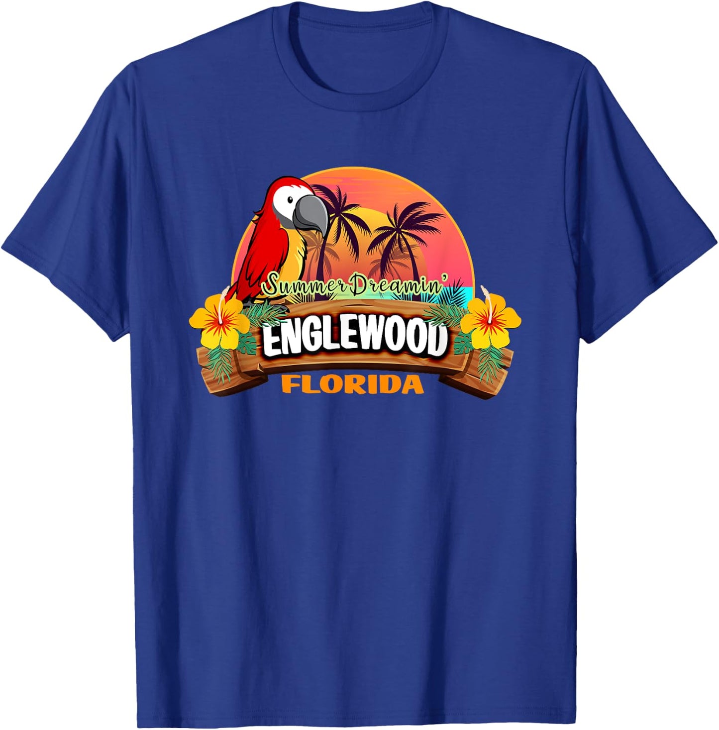 Englewood Florida USA Tropical Beach Parrot Palm Trees Women Kids T-Shirt - T-Shirt | Royal