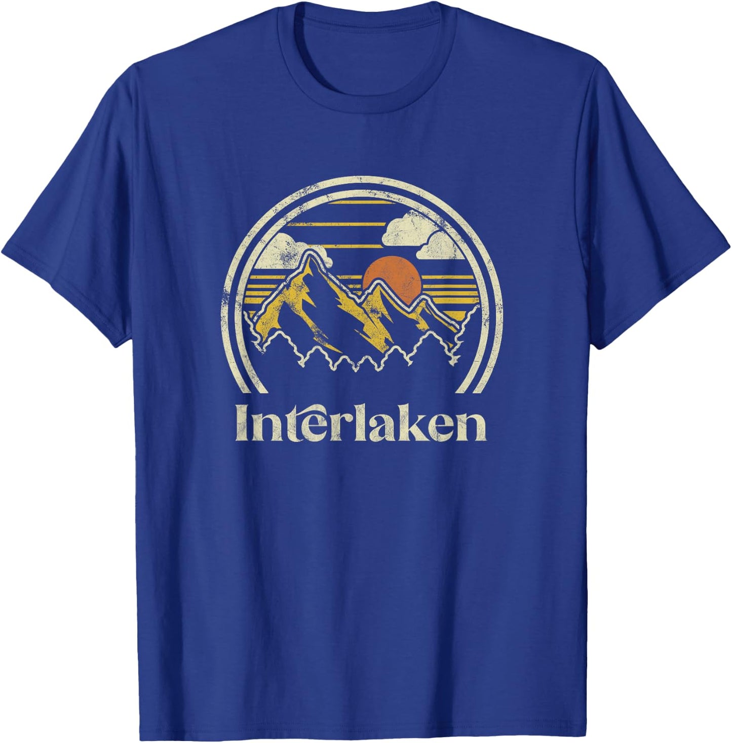 Vintage Outdoors Mountains Apparel & Gifts Interlaken Mountains Switzerland Hiking Retro Blue T-Shirt - T-Shirt | Royal