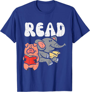 Pig Elephant Reading Cute Book Lover Bookworm Boys Girls Kid T-Shirt - T-Shirt | Royal